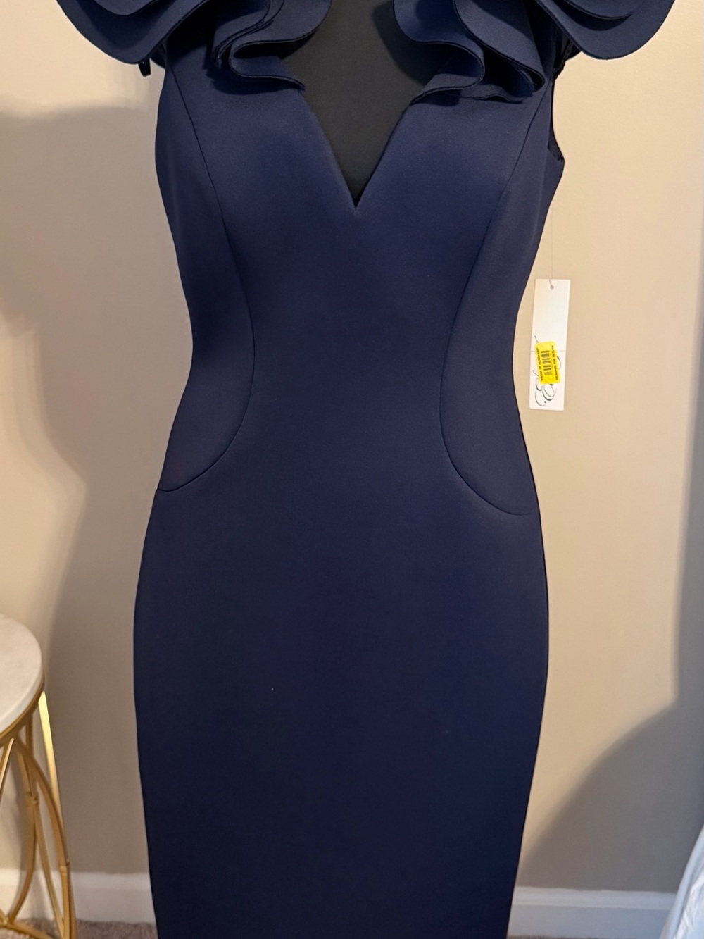 Eliza J Navy Midi Sheath Dress with Ruffle Detail